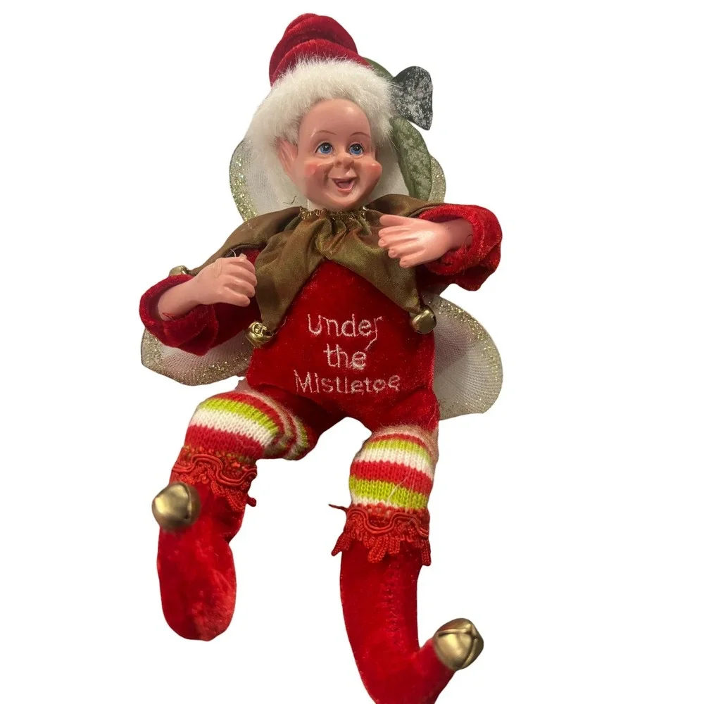 Christmas Elf Fairy Ornament Under the Mistletoe Red Velvet Jingle Bells 12in